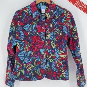 🌺 Multi-Color Floral Tropical Print Denim Jacket Resort Wear Vacation Chic Sz 12
